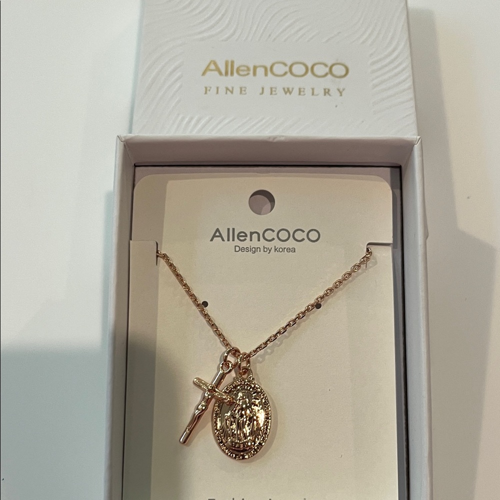 ALLEN COCO Gold CROSS/HANDS Pendant Necklace BRAND NEW APROX 16in